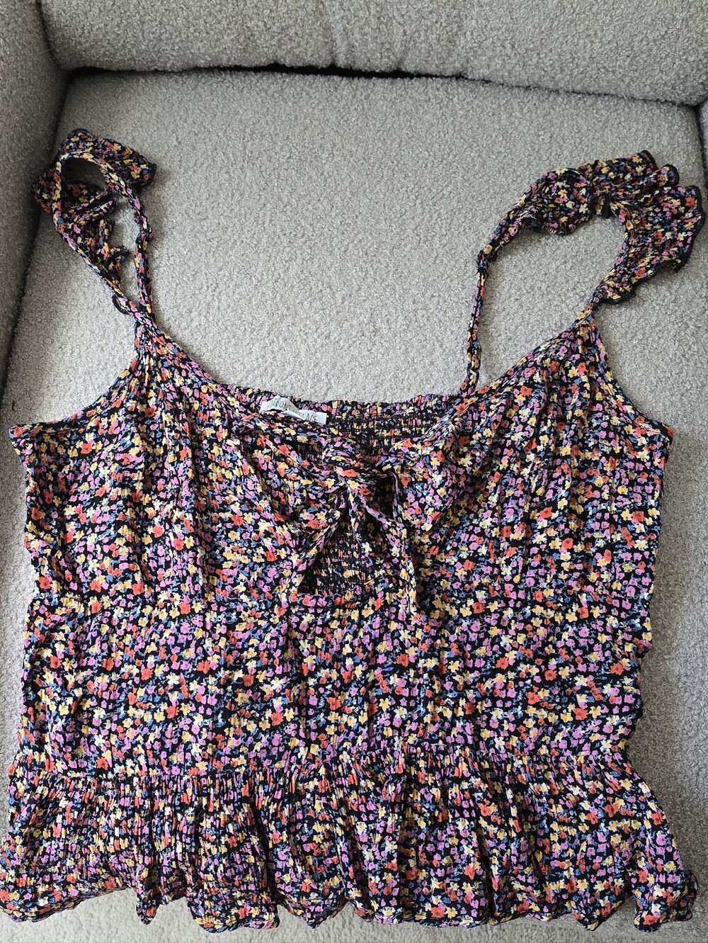 Patrons of Peace Black Floral Smocked Cami with Multicolor Ditsy Print